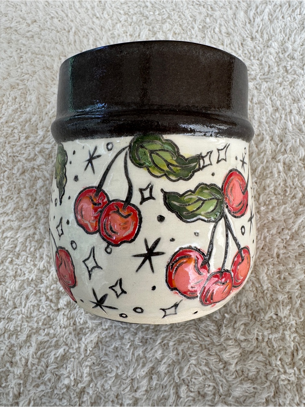 Handmade Georgia Pottery Cherry Stoneware Crock Vase Utensil Holder